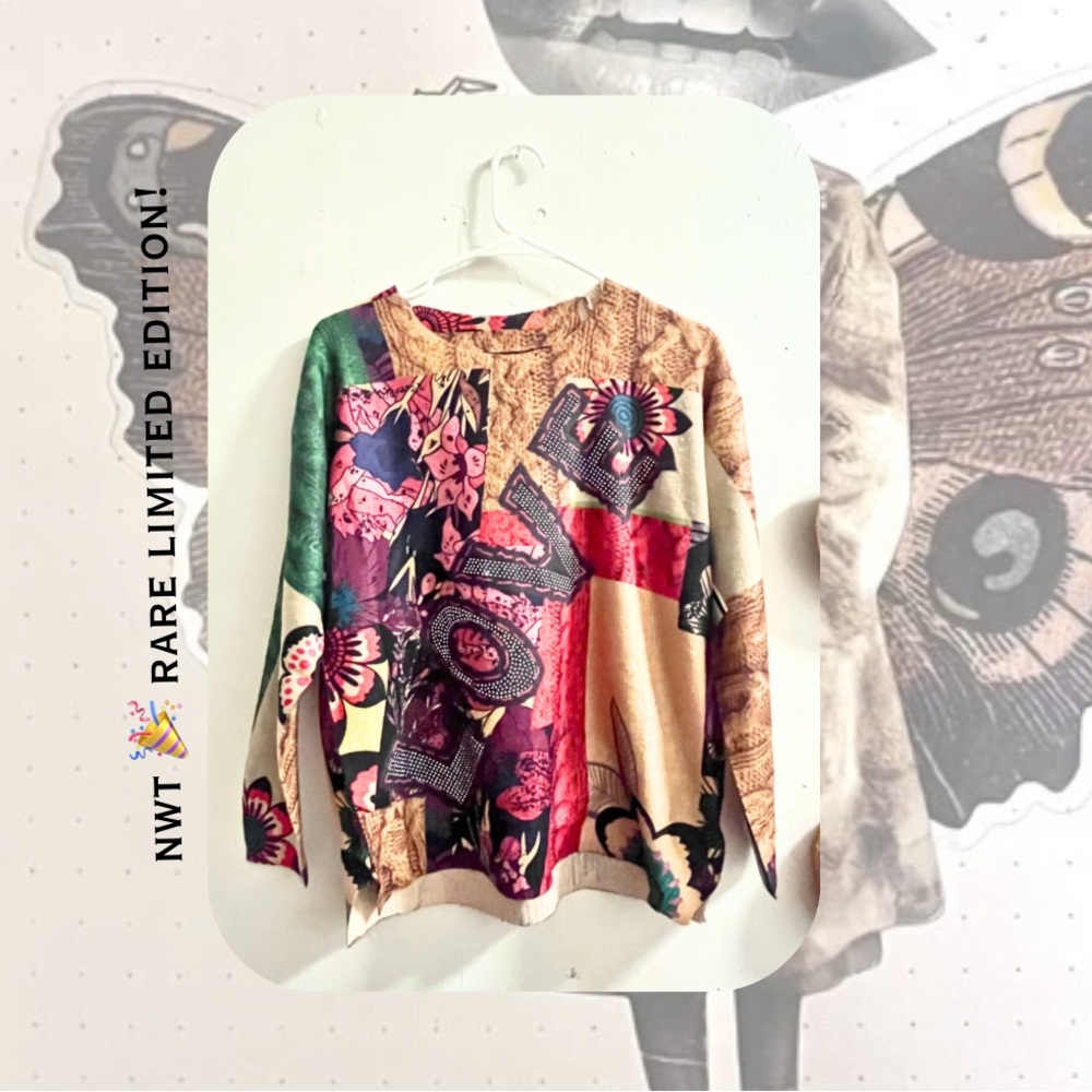 π Boho Mutilcolor soft abstract long sleeve LOVE embellished sweater